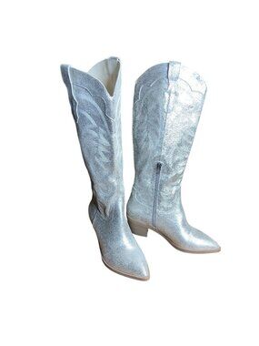 Dolce Vita Silver Metallic Cowboy Boots Womens 6 Western Chunky Heel Pointed Toe
